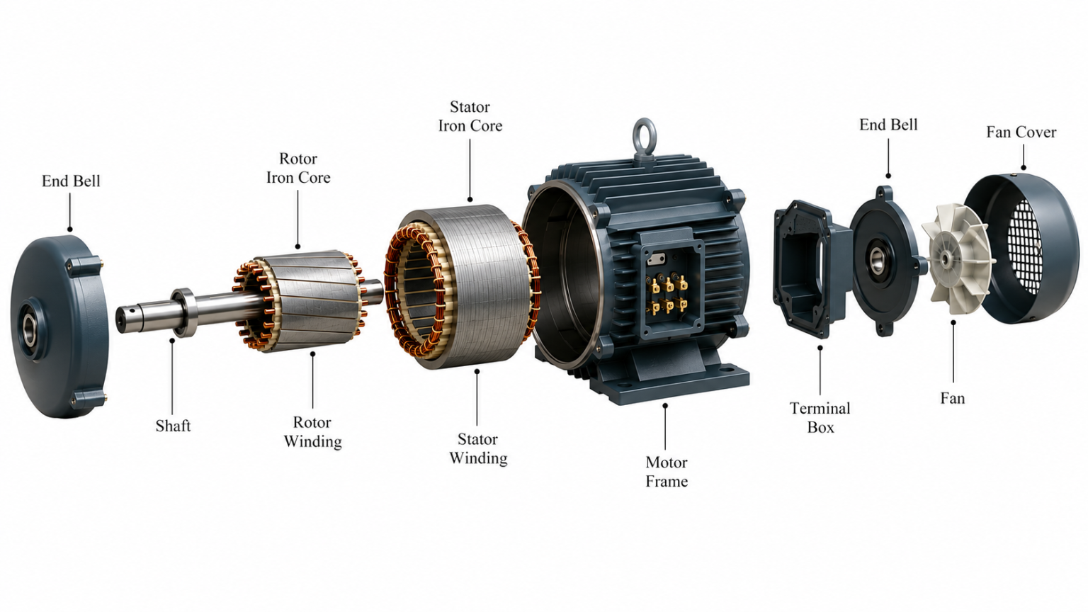 Exploded view diagram of induction motor components including stator, rotor, shaft, end bells, terminal box, fan, and fan cover